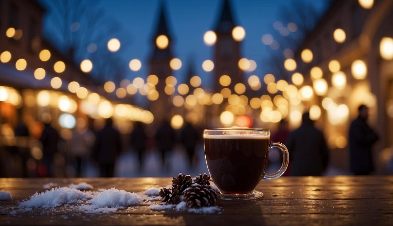 The scene showcases a festive Christmas market with steaming cups of mulled wine and hot cocoa, surrounded by twinkling lights and holiday decorations