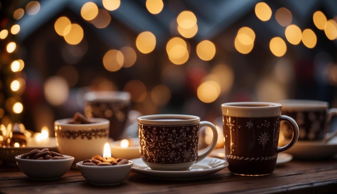 A festive Christmas market with steaming mugs of mulled wine and hot cocoa, surrounded by twinkling lights and cheerful holiday decorations