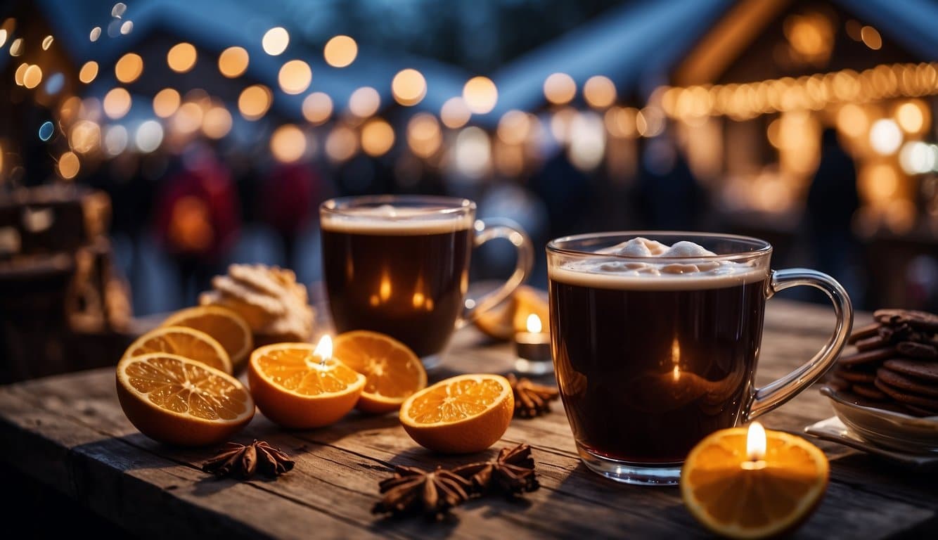 A festive Christmas market with steaming mugs of mulled wine and hot cocoa, surrounded by twinkling lights and lively holiday decorations