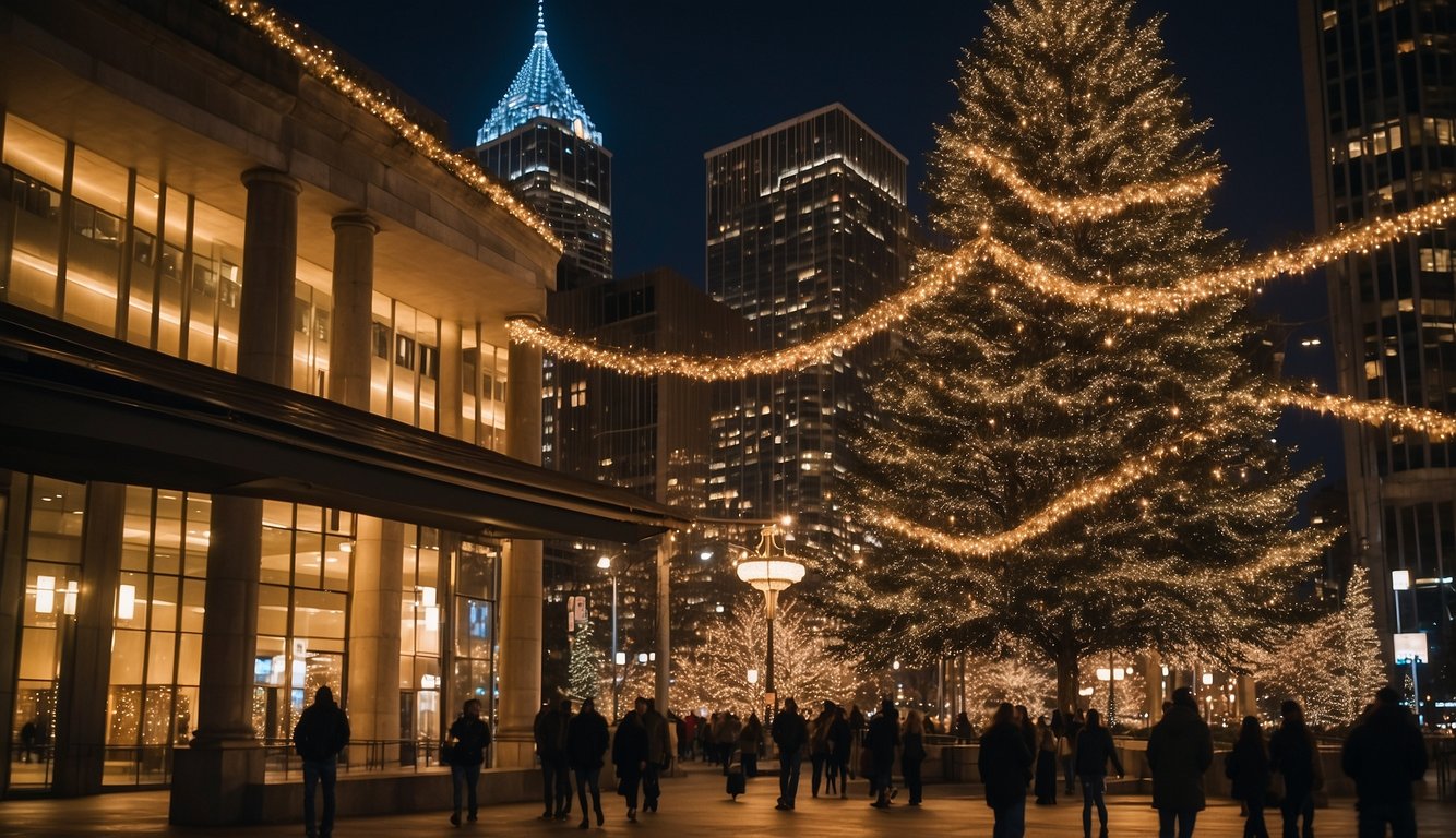 Downtown Atlanta at Christmas: Skyscrapers adorned with twinkling lights, a bustling holiday market, and a giant Christmas tree in the city center