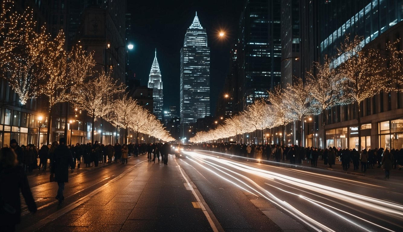 Busy city streets adorned with festive lights and decorations. Skyscrapers and historic buildings create a stunning backdrop for holiday celebrations