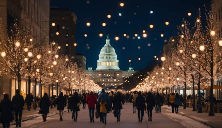 A crowd walks along a festively lit street at night with the illuminated United States Capitol building visible in the background.