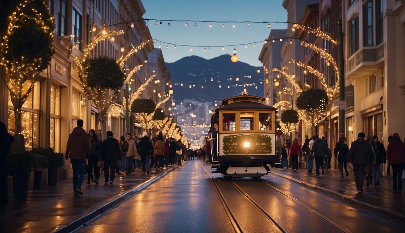 A bustling San Francisco street lined with festive lights and decorated storefronts, with cable cars adorned in holiday cheer gliding through the city's iconic hills