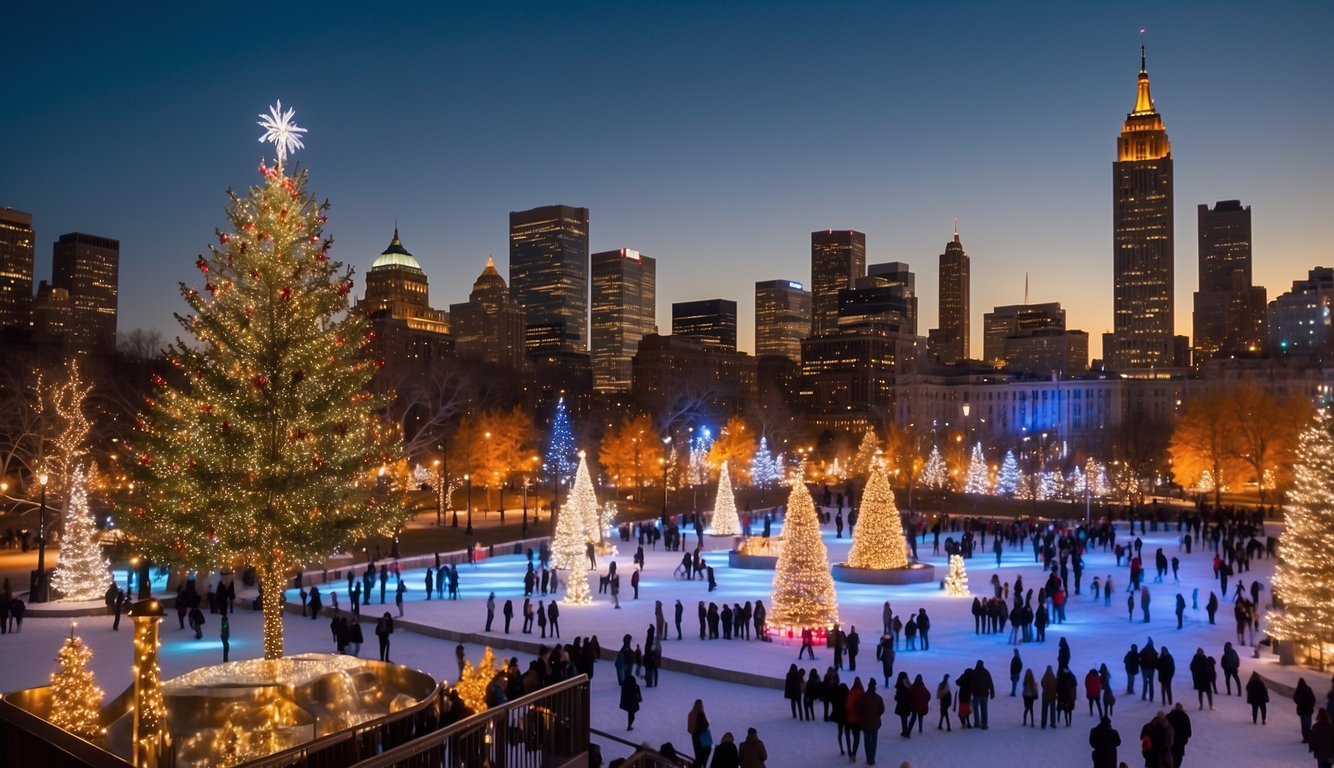 Colorful city skylines with festive lights, bustling holiday markets, ice skating rinks, and towering Christmas trees in iconic U.S. city landmarks