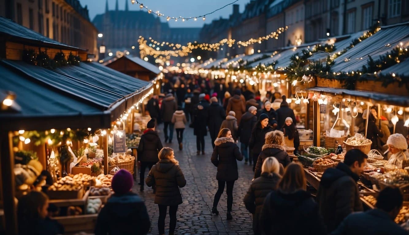 A bustling Christmas market with colorful stalls and twinkling lights, surrounded by joyful crowds and festive decorations