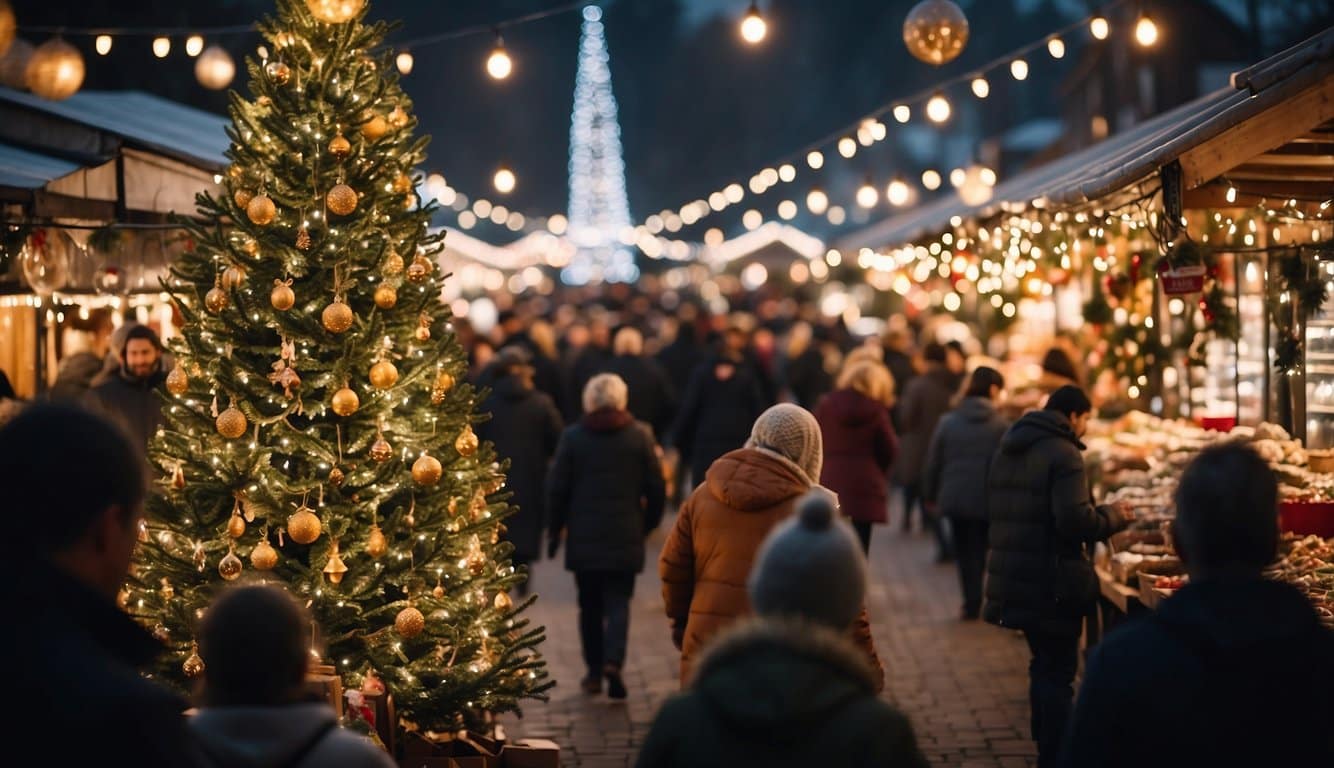 Christmas Markets Washington State 2024: A Guide to Festive Shopping and Events 1 Crowds browse festive stalls, adorned with twinkling lights and garlands. A giant Christmas tree towers over the market, surrounded by vendors selling handmade crafts and seasonal treats