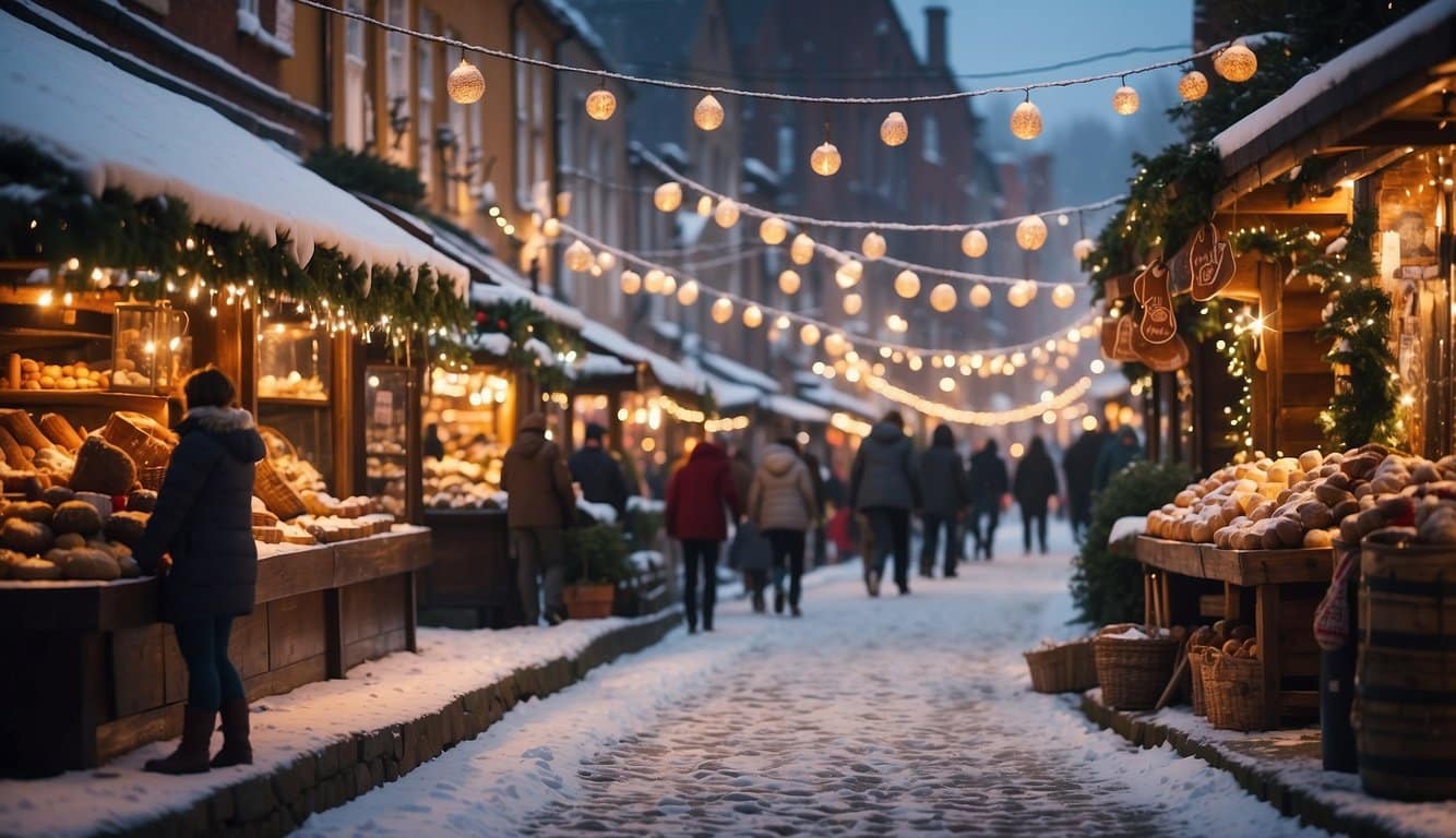 Christmas Markets Washington State 2024: A Guide to Festive Shopping and Events 2 Colorful stalls line the cobblestone streets, adorned with twinkling lights and festive decorations. Snow gently falls, creating a winter wonderland atmosphere. The scent of hot cocoa and roasted chestnuts fills the air