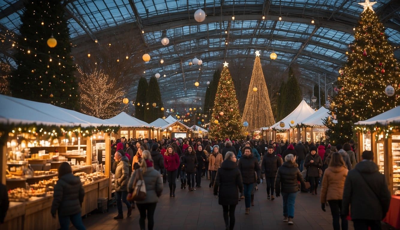 Christmas Markets Washington State 2024: A Guide to Festive Shopping and Events 3 The holiday market bustles with vendors and shoppers at Seattle Center, adorned with festive lights and decorations. A towering Christmas tree stands in the center, surrounded by stalls selling crafts, gifts, and seasonal treats