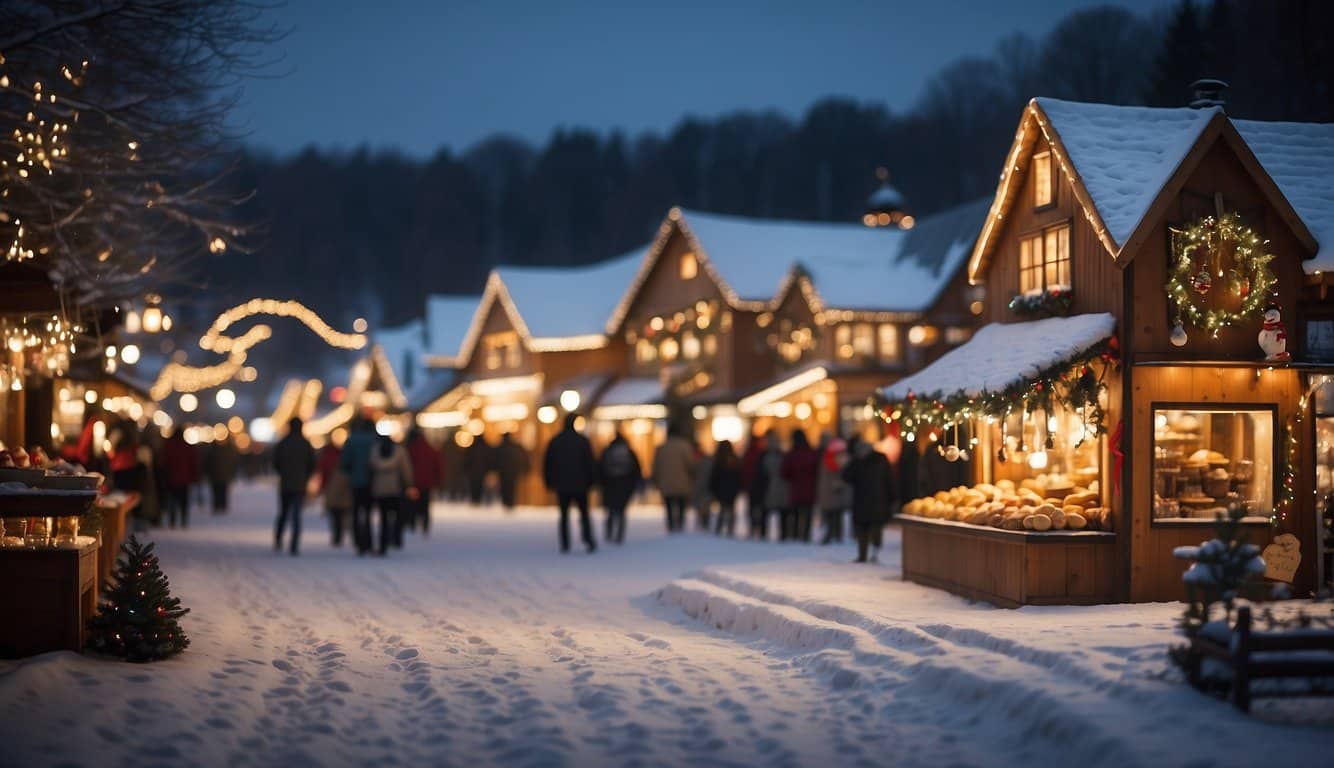 Christmas Markets Washington State 2024: A Guide to Festive Shopping and Events 5 A cozy scene of twinkling lights, festive decorations, and bustling market stalls filled with holiday treats and gifts, set against a backdrop of snow-covered trees and a charming Christmas village