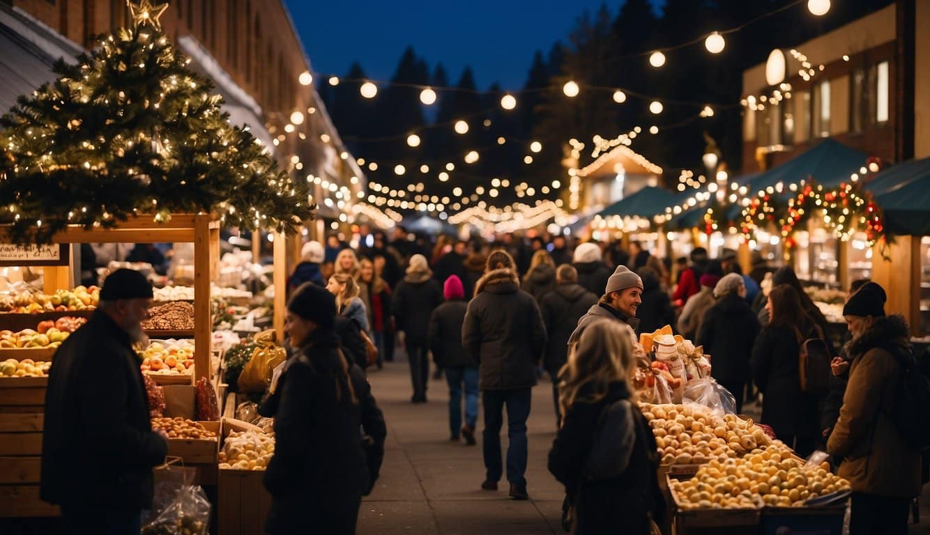 Christmas Markets Washington State 2024: A Guide to Festive Shopping and Events 6 A festive scene with vendors selling holiday food and gifts at the Tacoma Christmas market in Washington State, bustling with visitors and adorned with twinkling lights and colorful decorations