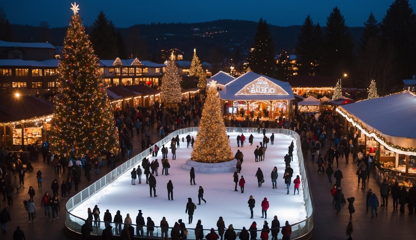 Christmas Markets Washington State 2024: A Guide to Festive Shopping and Events 8 The Bellevue Magic Season Ice Arena glows with festive lights, surrounded by Christmas markets bustling with cheerful visitors in Washington State 2024