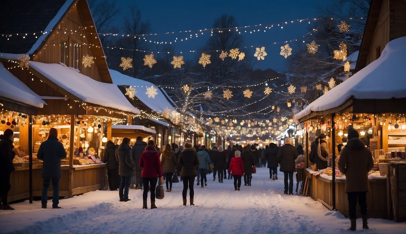 Christmas Markets Washington State 2024: A Guide to Festive Shopping and Events 2 Snow-covered market stalls line the streets, adorned with twinkling lights and festive decorations. Visitors browse handmade crafts and local artwork while sipping hot cocoa. The air is filled with the sounds of holiday music and laughter