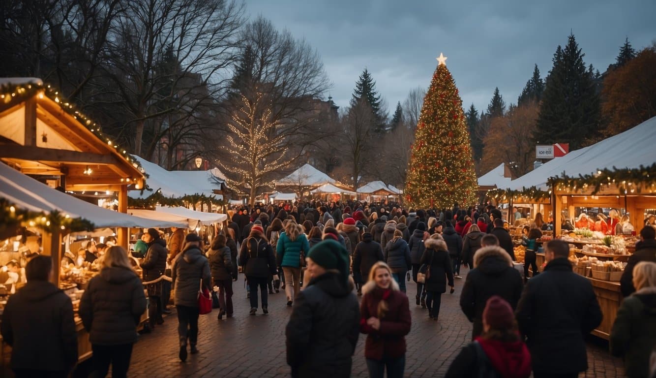 Christmas Markets Washington State 2024: A Guide to Festive Shopping and Events 3 A festive holiday market with twinkling lights, decorated stalls, and a towering Christmas tree surrounded by joyful shoppers in Washington State