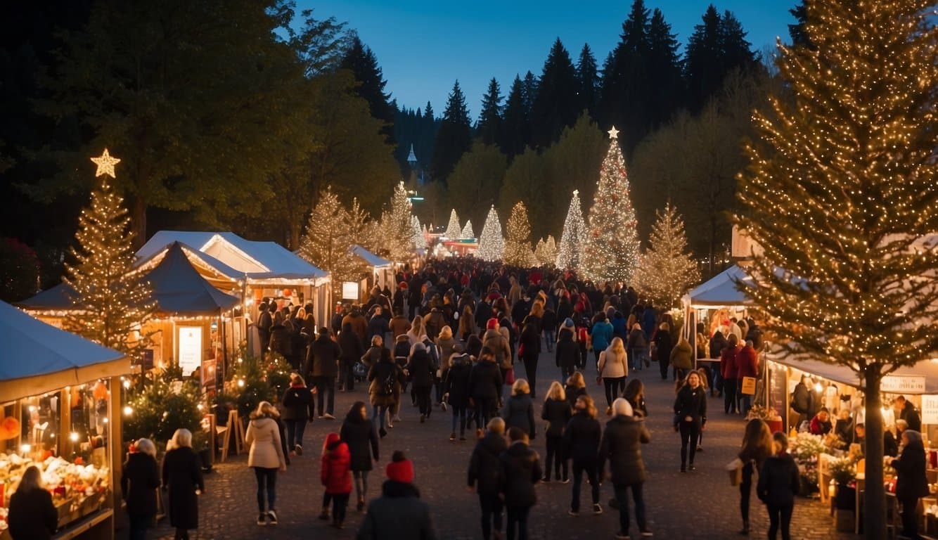 Christmas Markets Washington State 2024: A Guide to Festive Shopping and Events 4 A festive scene with twinkling lights, decorated trees, and bustling market stalls at the Mountlake Terrace Tree Lighting Christmas Markets in Washington State 2024