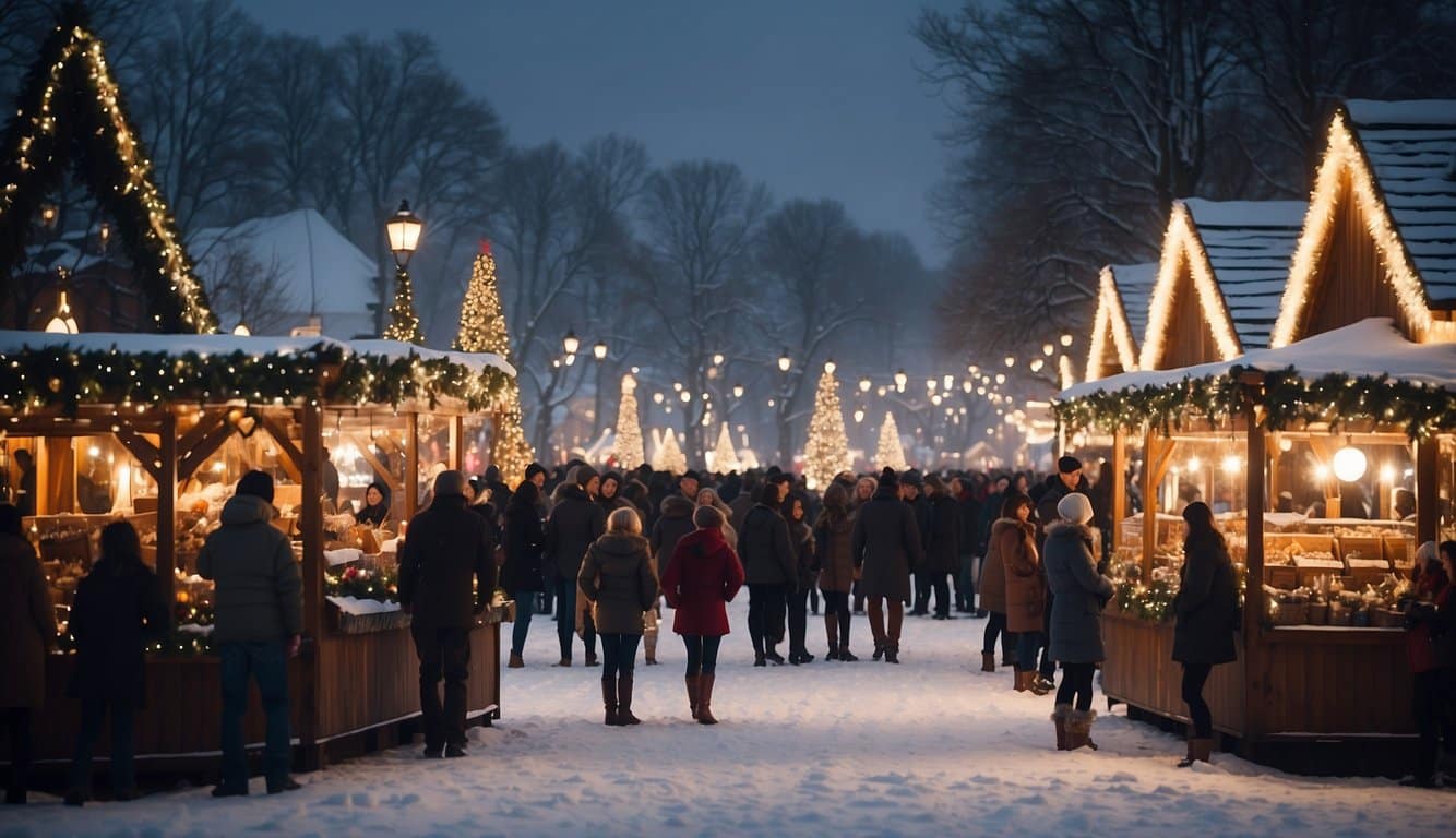 Christmas Markets North Dakota 2024: Your Ultimate Guide to Festive Shopping and Events 2 Snow-covered stalls line the park, adorned with twinkling lights and festive decorations. A giant Christmas tree stands in the center, surrounded by joyful visitors and the aroma of hot cocoa and roasted chestnuts