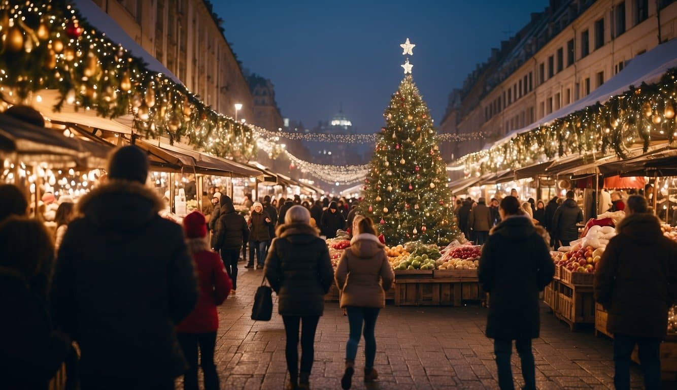 Christmas Markets North Dakota 2024: Your Ultimate Guide to Festive Shopping and Events 4 Bustling market with colorful stalls, twinkling lights, and a festive atmosphere. A giant Christmas tree stands in the center, surrounded by joyful visitors