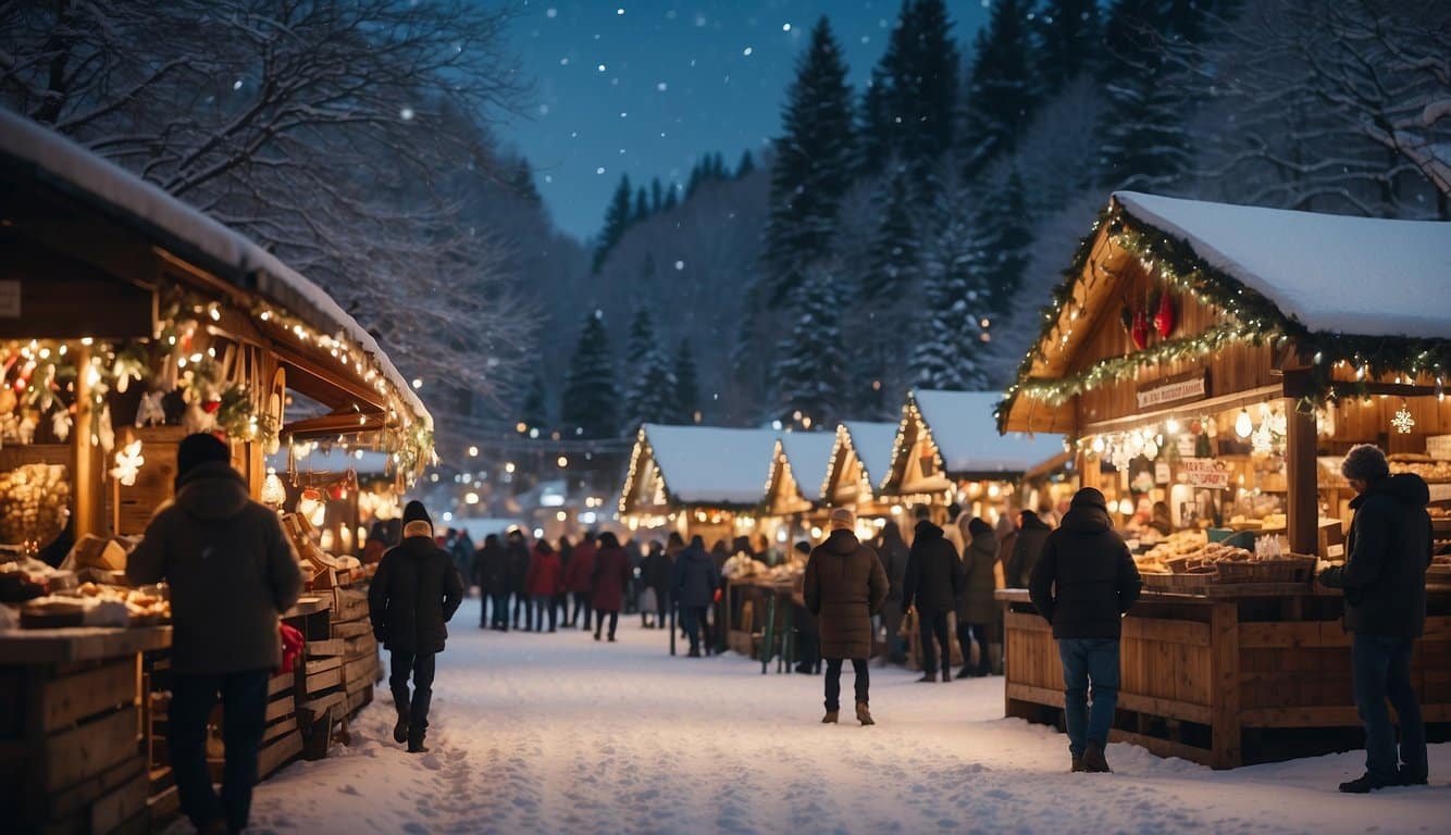 Christmas Markets North Dakota 2024: Your Ultimate Guide to Festive Shopping and Events 5 Snow-covered market stalls, adorned with twinkling lights and festive decorations, surrounded by towering snow-capped trees, with a backdrop of a winter wonderland landscape