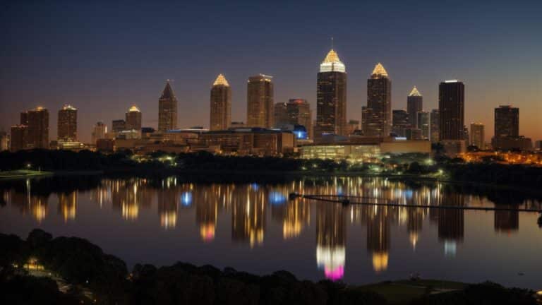 The Atlanta skyline at night showcases illuminated buildings reflected in a calm body of water, offering travelers a breathtaking view that captures the vibrant essence of Georgia's capital.