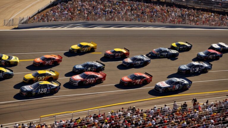 Multiple race cars are tightly packed as they speed around the track in Charlotte, North Carolina, with a large crowd watching from the stands on a sunny day.