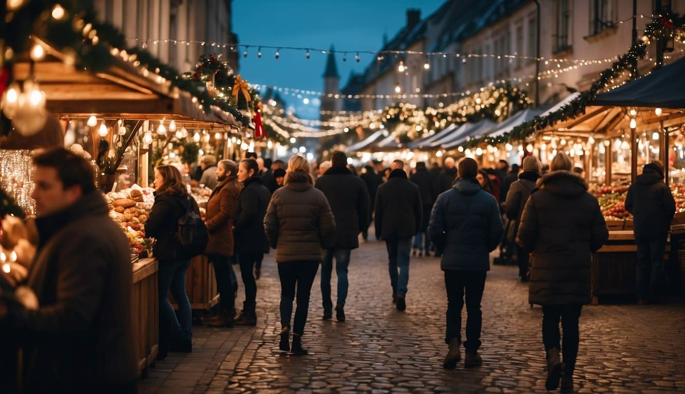 A bustling Christmas market filled with colorful stalls, twinkling lights, and festive decorations, with visitors browsing and enjoying the holiday atmosphere