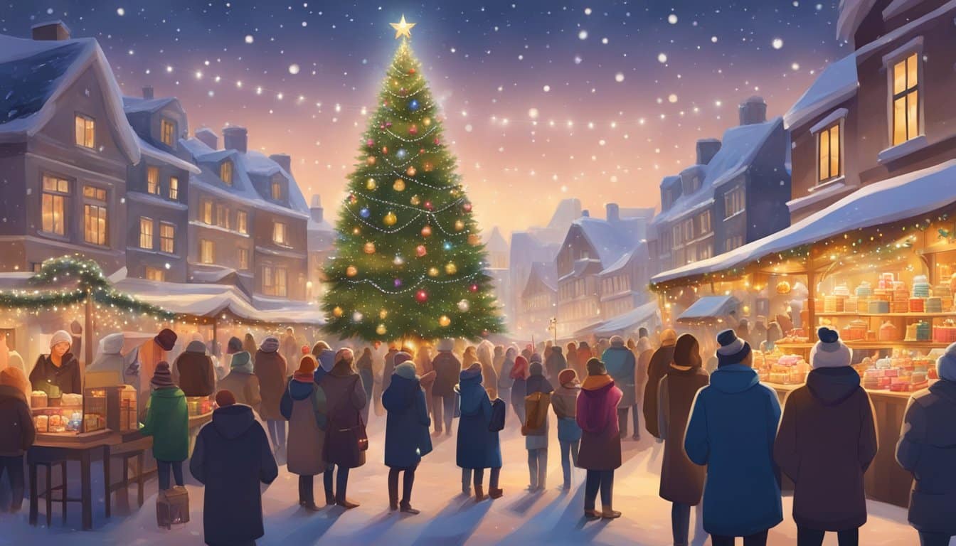 People gather around festive stalls, sipping hot cocoa and browsing handmade crafts. A giant Christmas tree stands in the center, twinkling with colorful lights