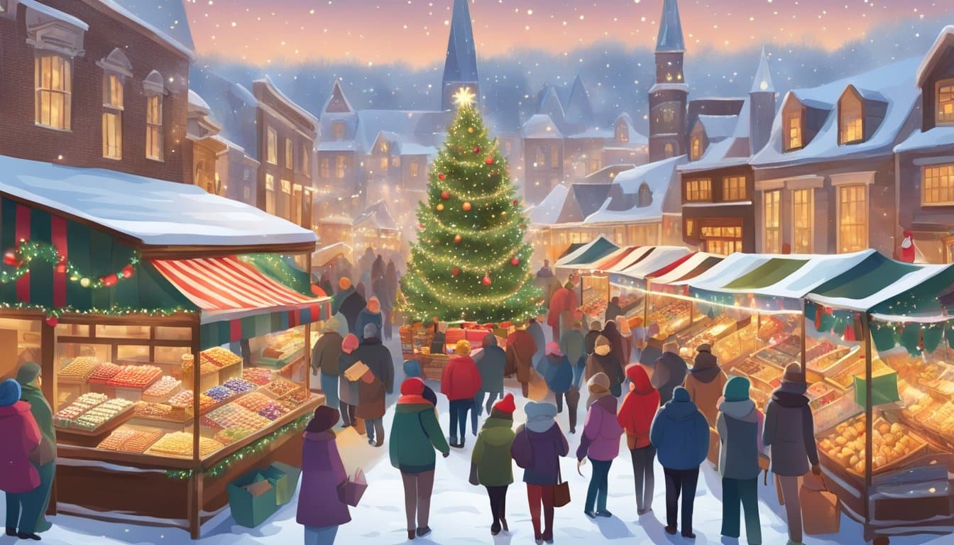 A bustling American Christmas market filled with festive decorations, twinkling lights, and vendors selling traditional holiday treats and handmade crafts