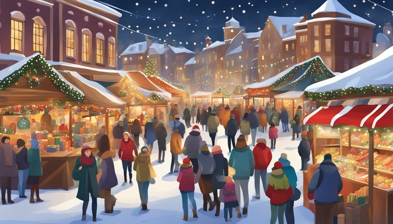 A bustling American Christmas market, with colorful stalls selling unique regional crafts and traditional holiday treats. Decorated with twinkling lights and festive ornaments, the market is alive with the spirit of the season