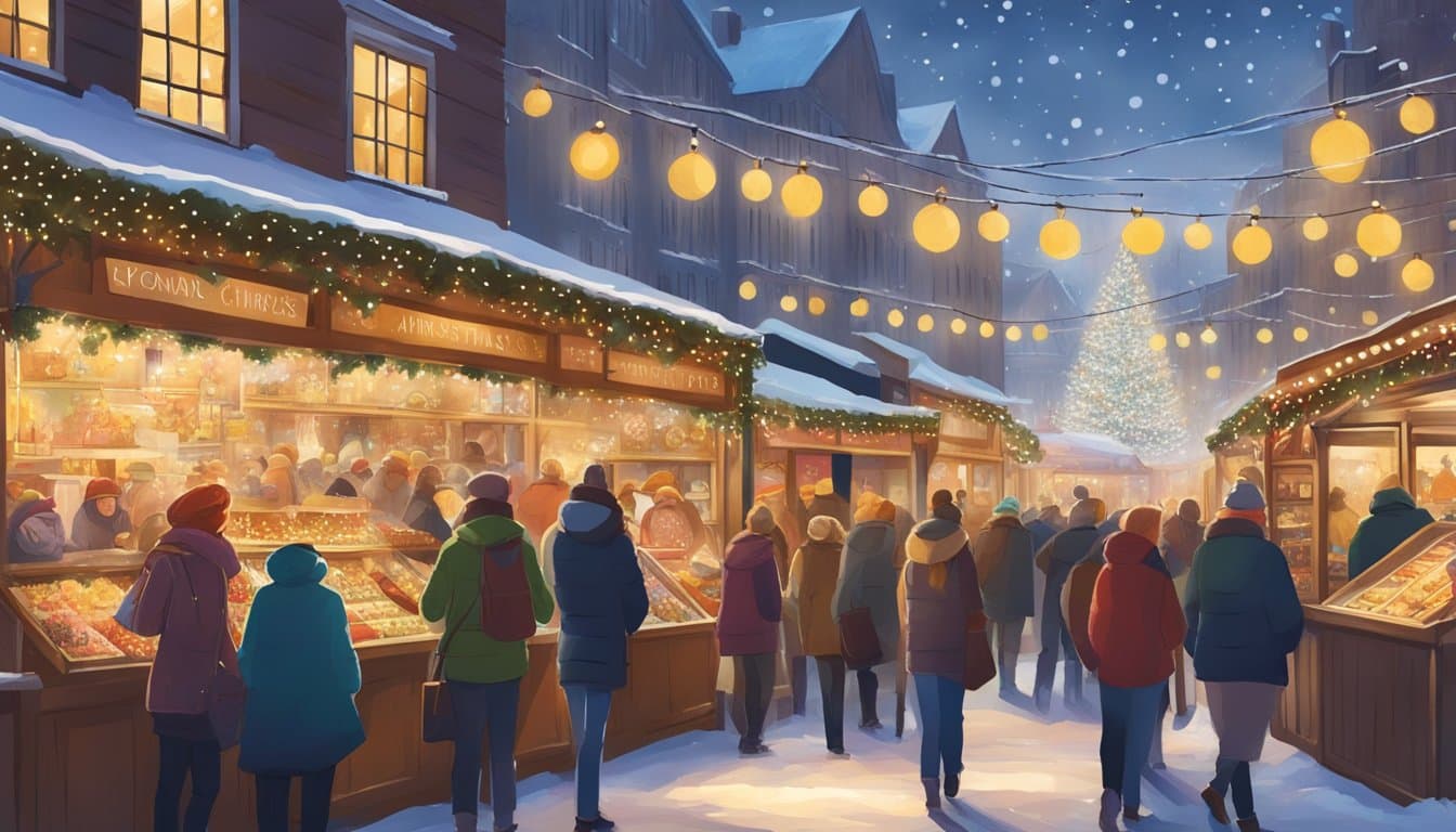 Visitors browse festive stalls, sampling traditional treats and admiring handmade crafts at American Christmas markets. Twinkling lights and joyful music fill the air