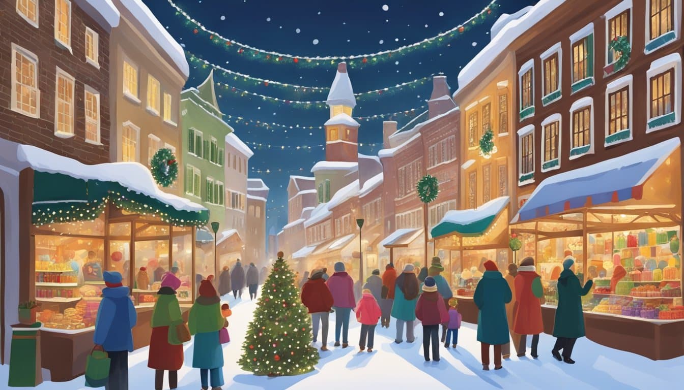 Colorful stalls selling handmade crafts, festive decorations, and traditional treats line the bustling streets. The air is filled with the scent of hot cocoa and cinnamon as families gather to enjoy carolers and festive entertainment