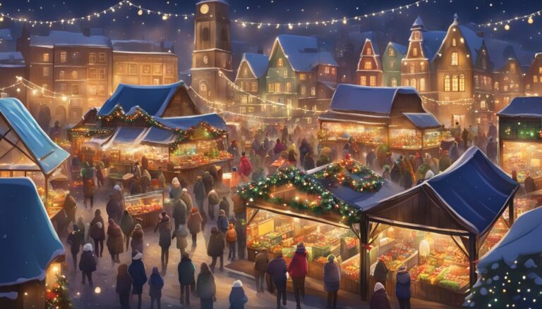 A bustling winter market scene at night includes festive lights, decorated stalls, and a crowd of people in warm clothing amidst snow-covered roofs and a church tower, capturing the traditions and customs of American Christmas markets.