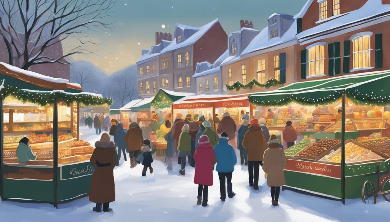 Visitors stroll among festive stalls, adorned with twinkling lights and garlands. Vendors offer handmade crafts and seasonal treats, while carolers fill the air with joyful melodies