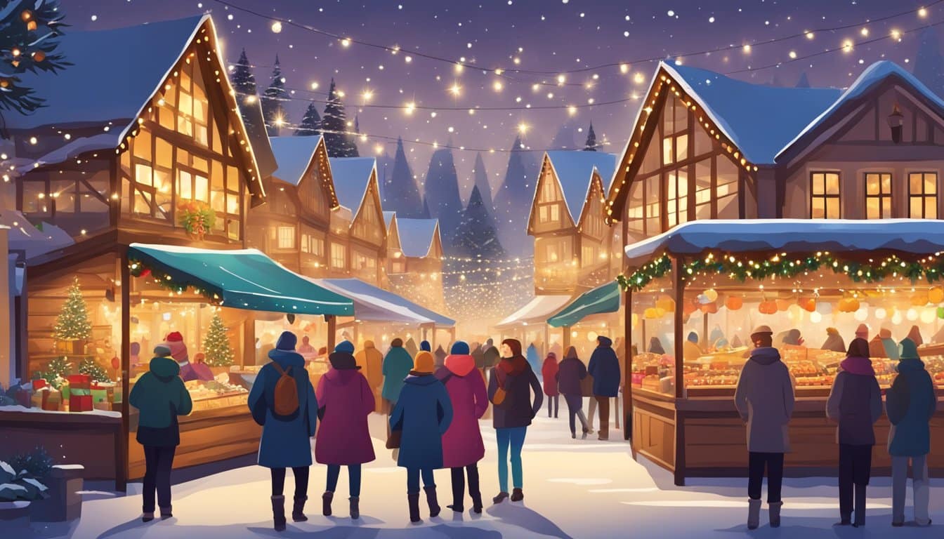 Vibrant Christmas market with traditional wooden stalls, twinkling lights, and festive decorations. People gather to shop for handmade crafts, enjoy seasonal treats, and soak in the holiday atmosphere