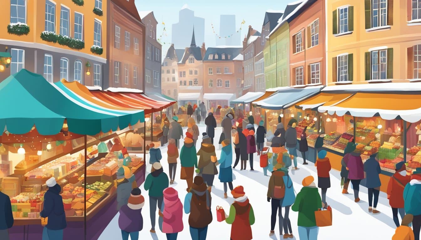 A bustling Christmas market with colorful stalls, festive decorations, and traditional food and drink. People gather to celebrate and shop for unique gifts