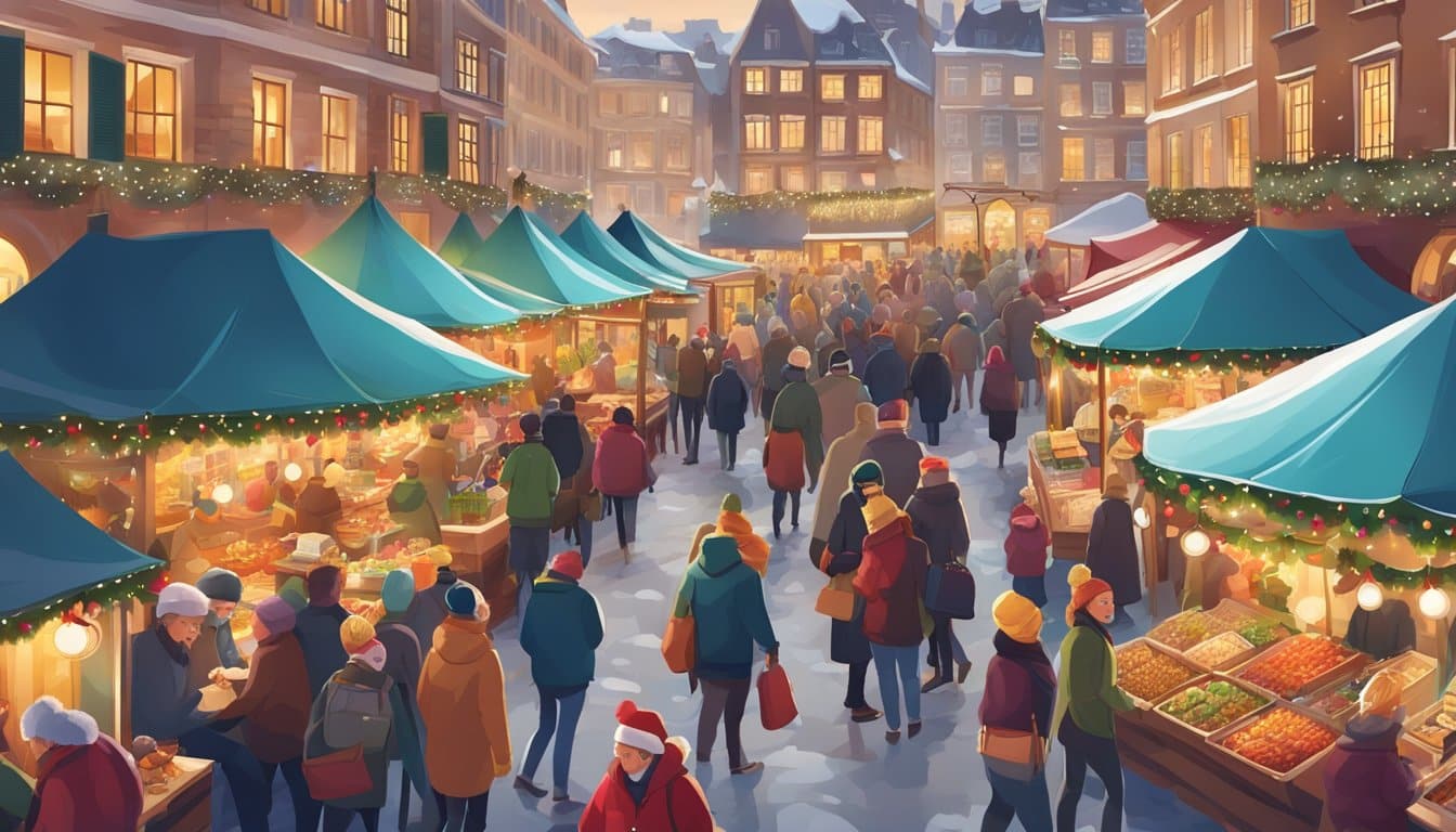 A bustling Christmas market with colorful stalls, festive decorations, and diverse people enjoying traditional food and music