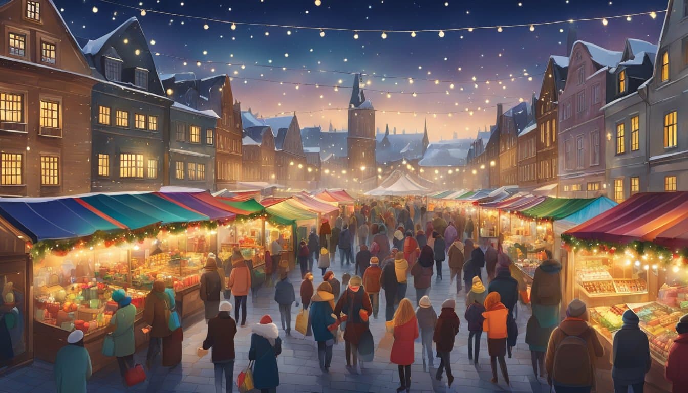 A bustling Christmas market with colorful stalls and crowds of shoppers, surrounded by historic buildings and twinkling lights