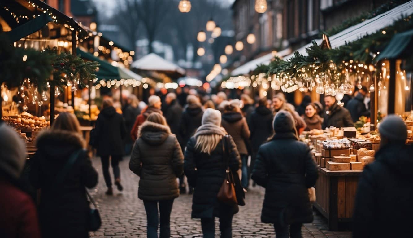 A bustling Christmas market with vendors selling local goods, families enjoying festive activities, and the community coming together to support small businesses