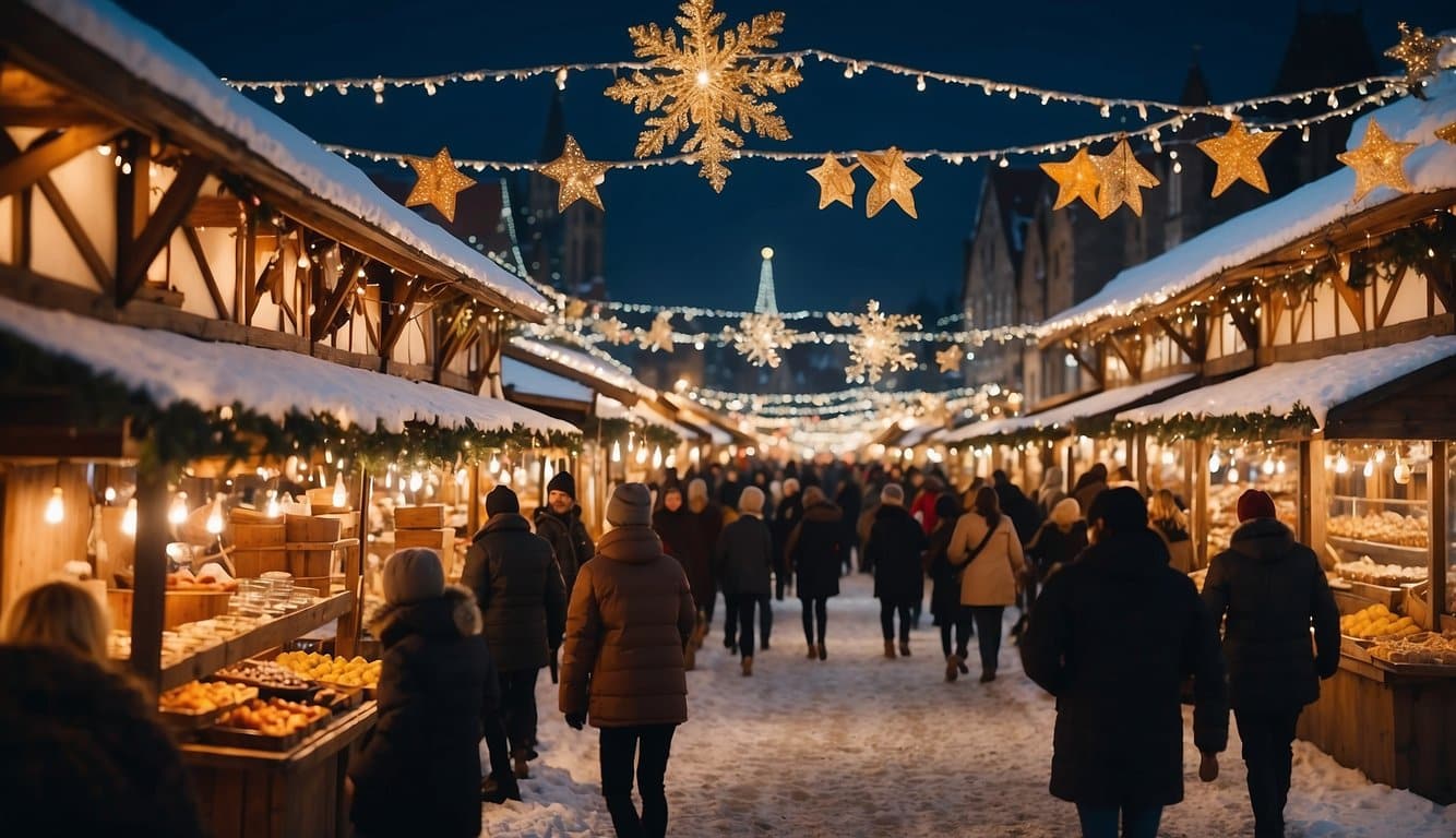 A bustling Christmas market with colorful stalls, festive decorations, and joyful visitors enjoying local food, crafts, and entertainment