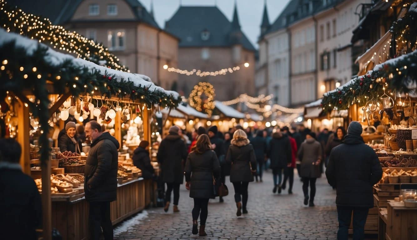 A bustling Christmas market with colorful stalls, showcasing handmade crafts and local products. Crowds of people browsing and purchasing items, creating a festive and lively atmosphere