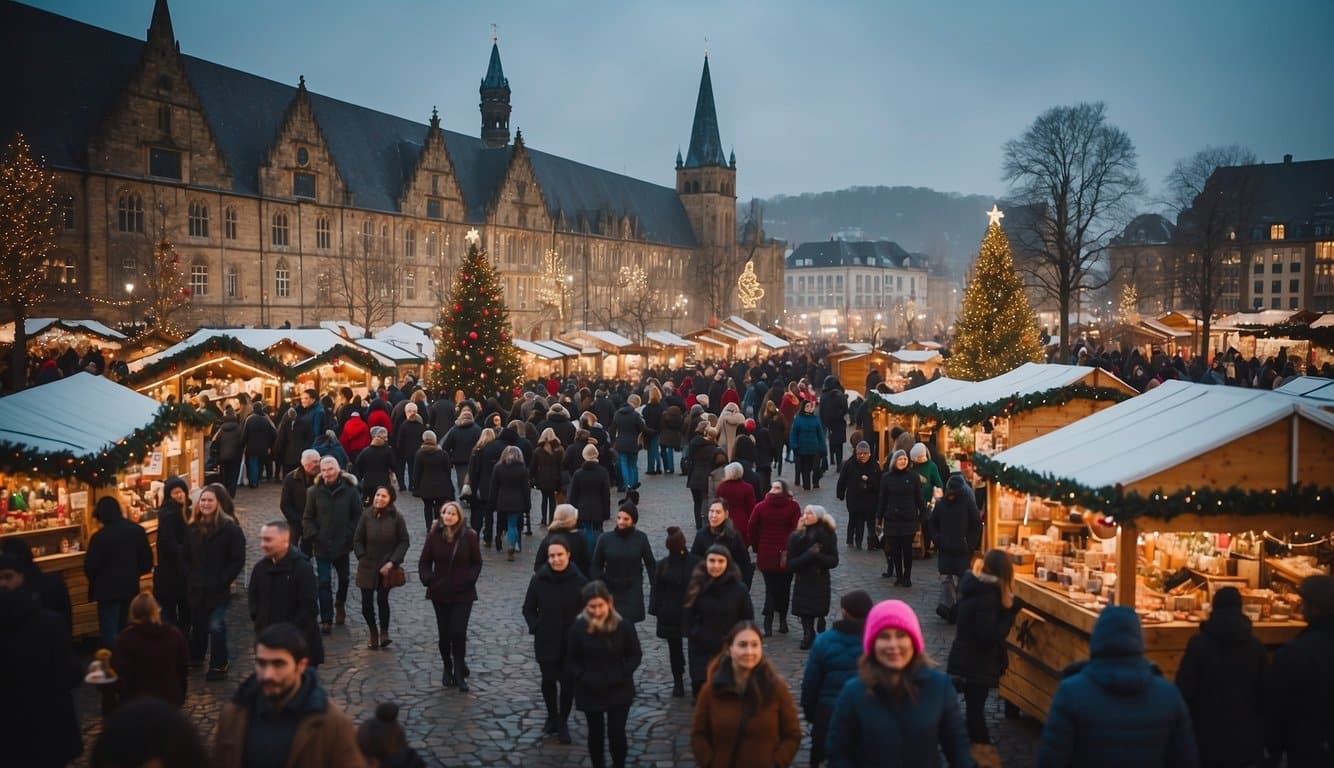 A bustling Christmas market with colorful stalls, festive decorations, and crowds of visitors enjoying local food, crafts, and entertainment. The scene is alive with the spirit of the holiday season, contributing to the local economy and community