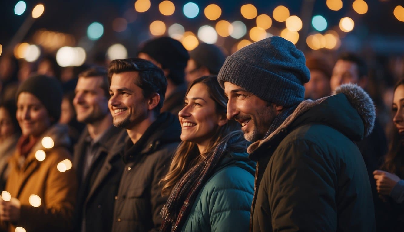 Modern holiday songs play at outdoor festivals, with colorful lights and festive decorations. People gather around to listen and sing along, creating a joyful and lively atmosphere