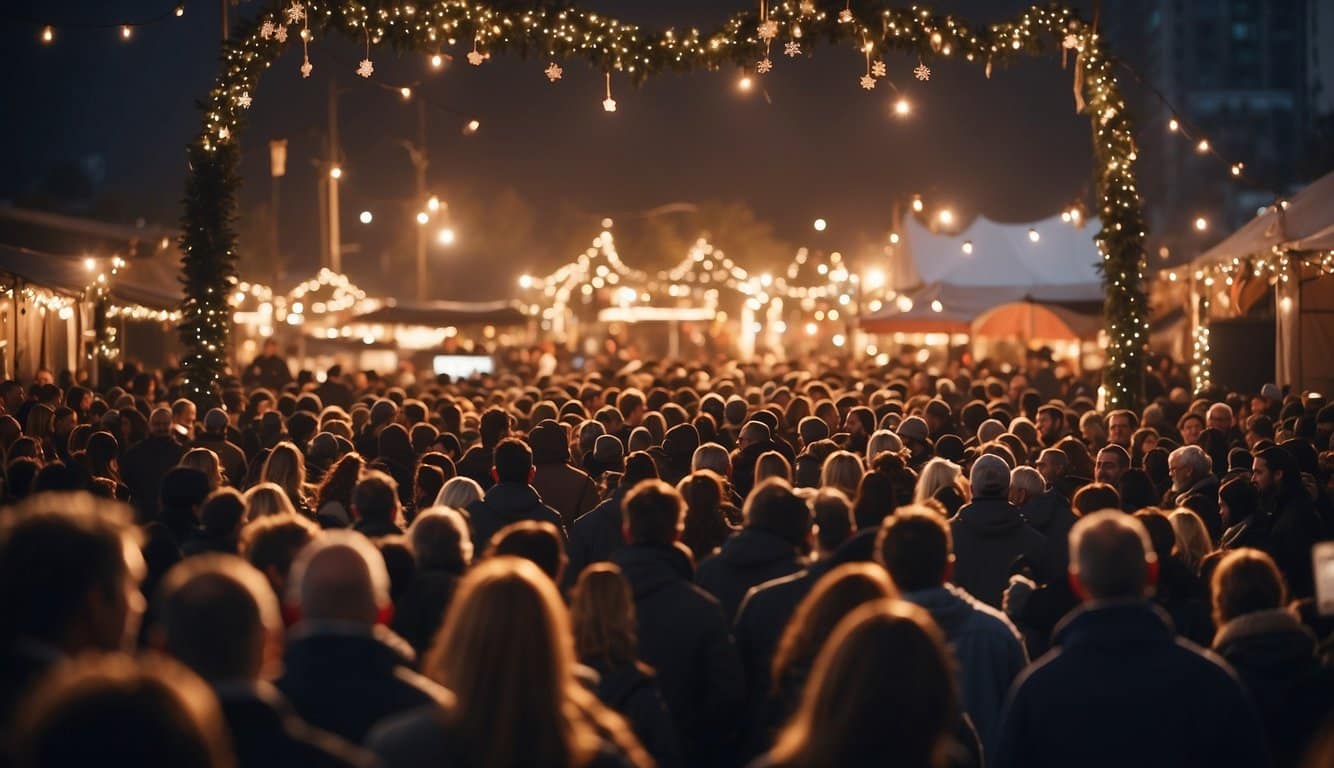 Crowds gather around a festive stage, where musicians play lively Christmas tunes. Market stalls are adorned with twinkling lights and decorations, adding to the joyful atmosphere