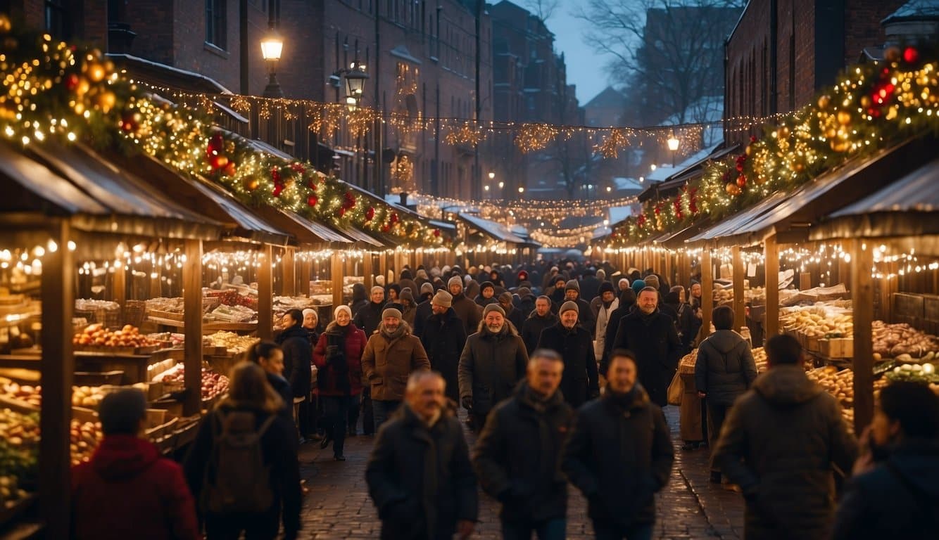 A bustling market with colonial-style wooden stalls, adorned with traditional American Christmas decorations and surrounded by festive crowds