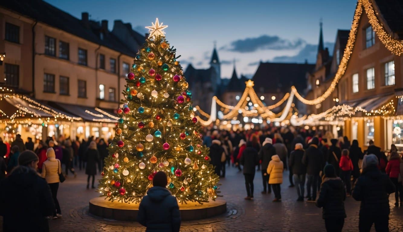 Vibrant, themed Christmas trees line a festive street, each adorned with unique regional decorations. A crowd admires the must-see displays