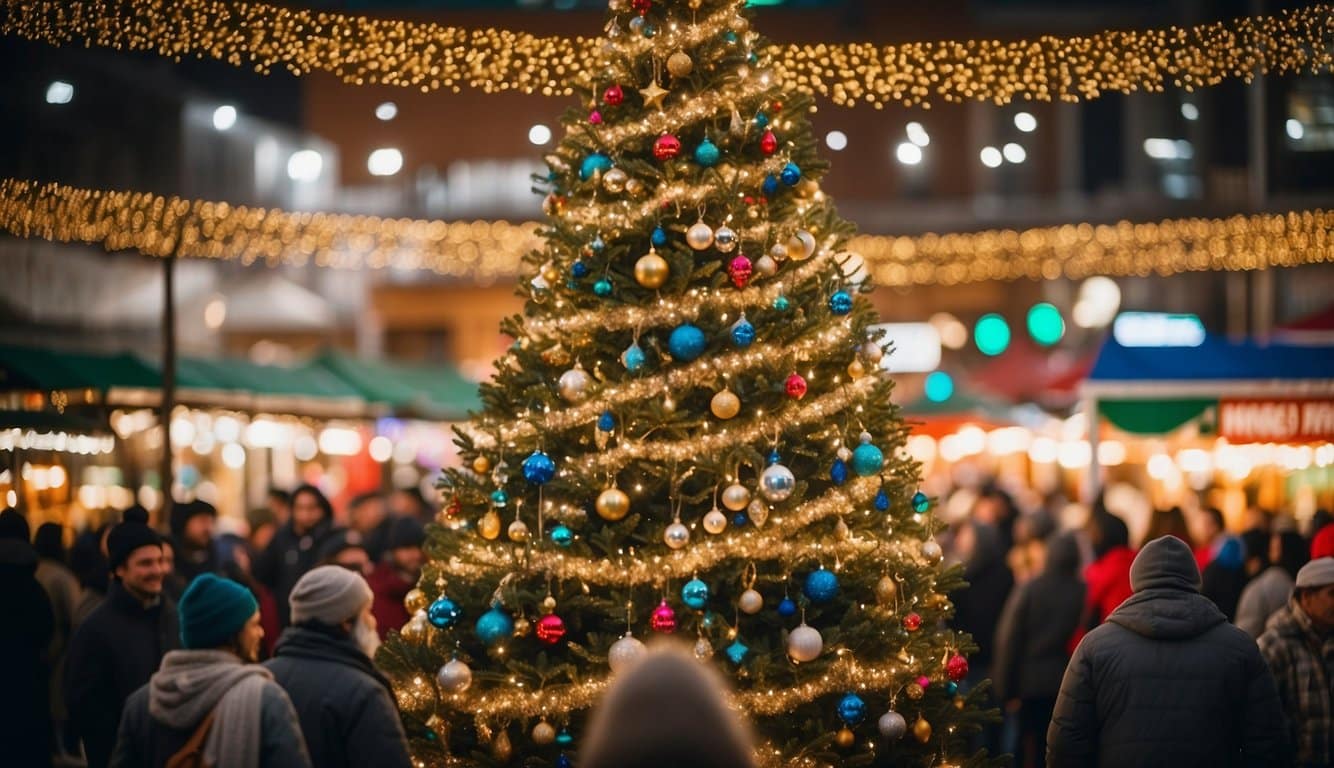 A towering Christmas tree adorned with twinkling lights and colorful ornaments stands in the center of a bustling urban market, surrounded by excited onlookers and festive decorations