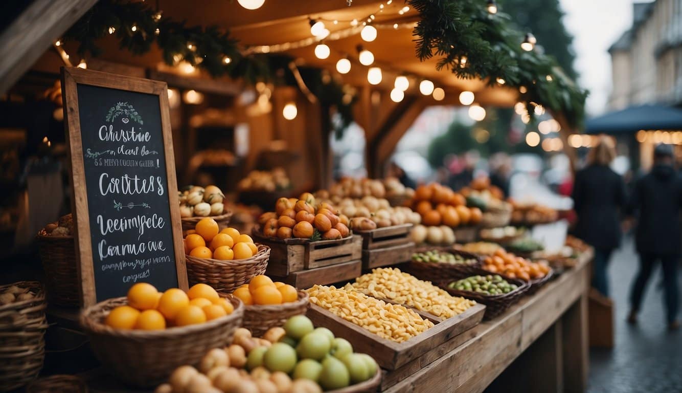 A variety of vegan and gluten-free festive foods displayed at a Christmas market stall. Colorful signage and decorations add to the festive atmosphere