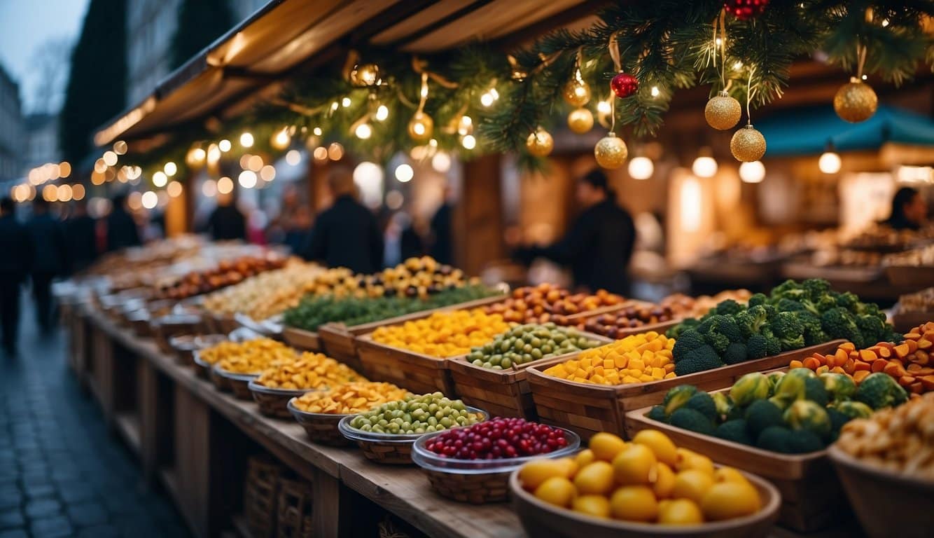 Vibrant Christmas market stalls display vegan and gluten-free options, featuring colorful and appetizing dishes. A festive atmosphere surrounds the food vendors