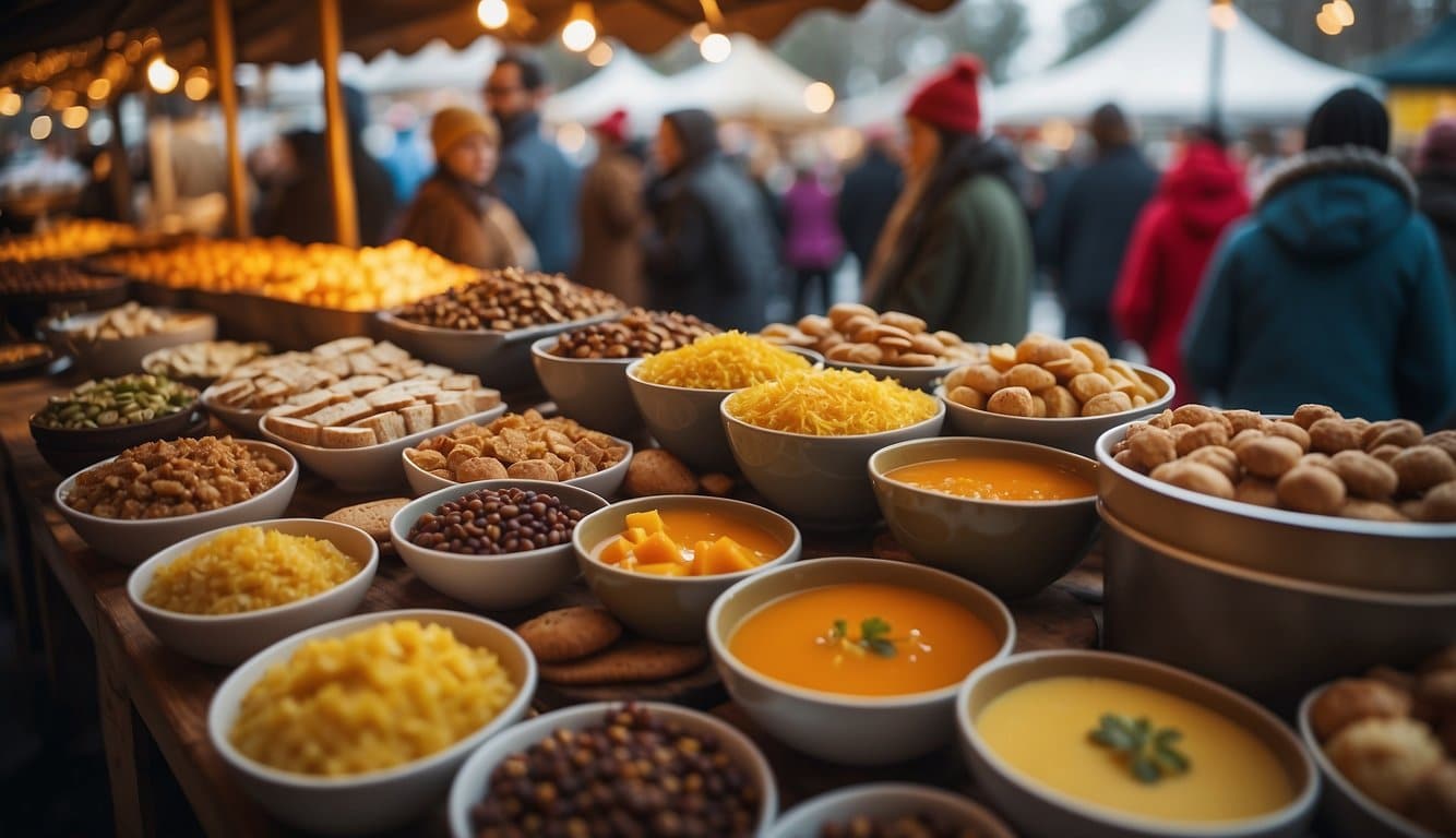 A colorful array of vegan and gluten-free treats at a bustling Christmas market, with steaming hot soups, hearty stews, and festive desserts on display