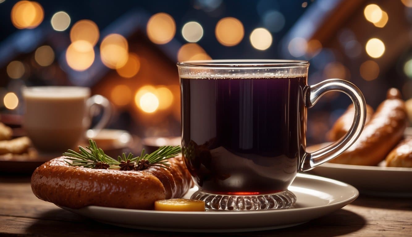 A steaming mug of mulled wine sits next to a plate of sizzling bratwurst, surrounded by twinkling lights and festive decorations at a Christmas market