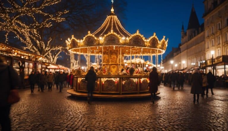 A carousel illuminated by lights stands in a bustling square at dusk, reminiscent of pioneering Christmas markets, surrounded by people and trees adorned with festive string lights.