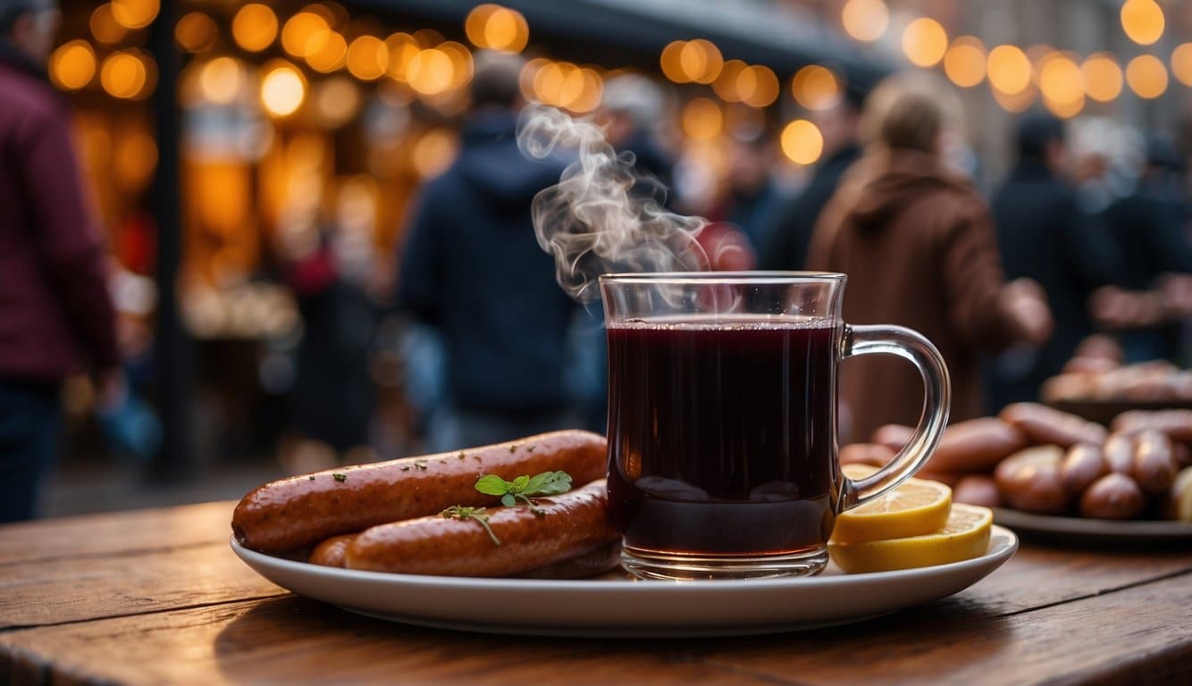 A steaming mug of mulled wine sits next to a plate of sizzling bratwurst. The aroma of roasted chestnuts fills the air as people gather around wooden tables, enjoying the perfect pairings of food and drink at the Christmas market